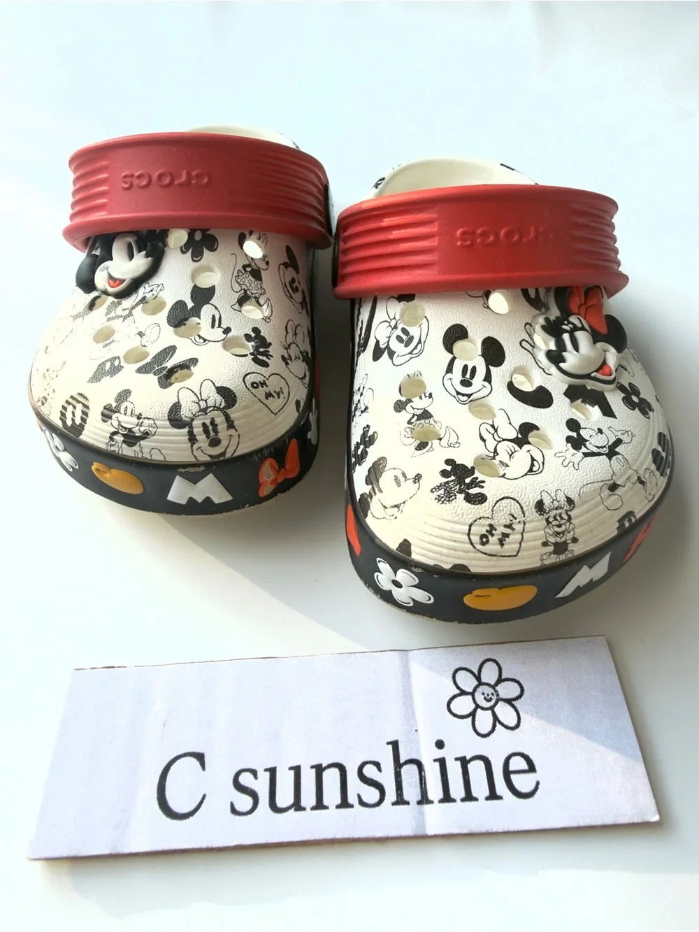 CROCS Mickey Mouse, Minnie, mouse Print Clogs with Red Straps